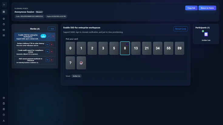 Pokify planning poker room estimating enterprise single sign-on work